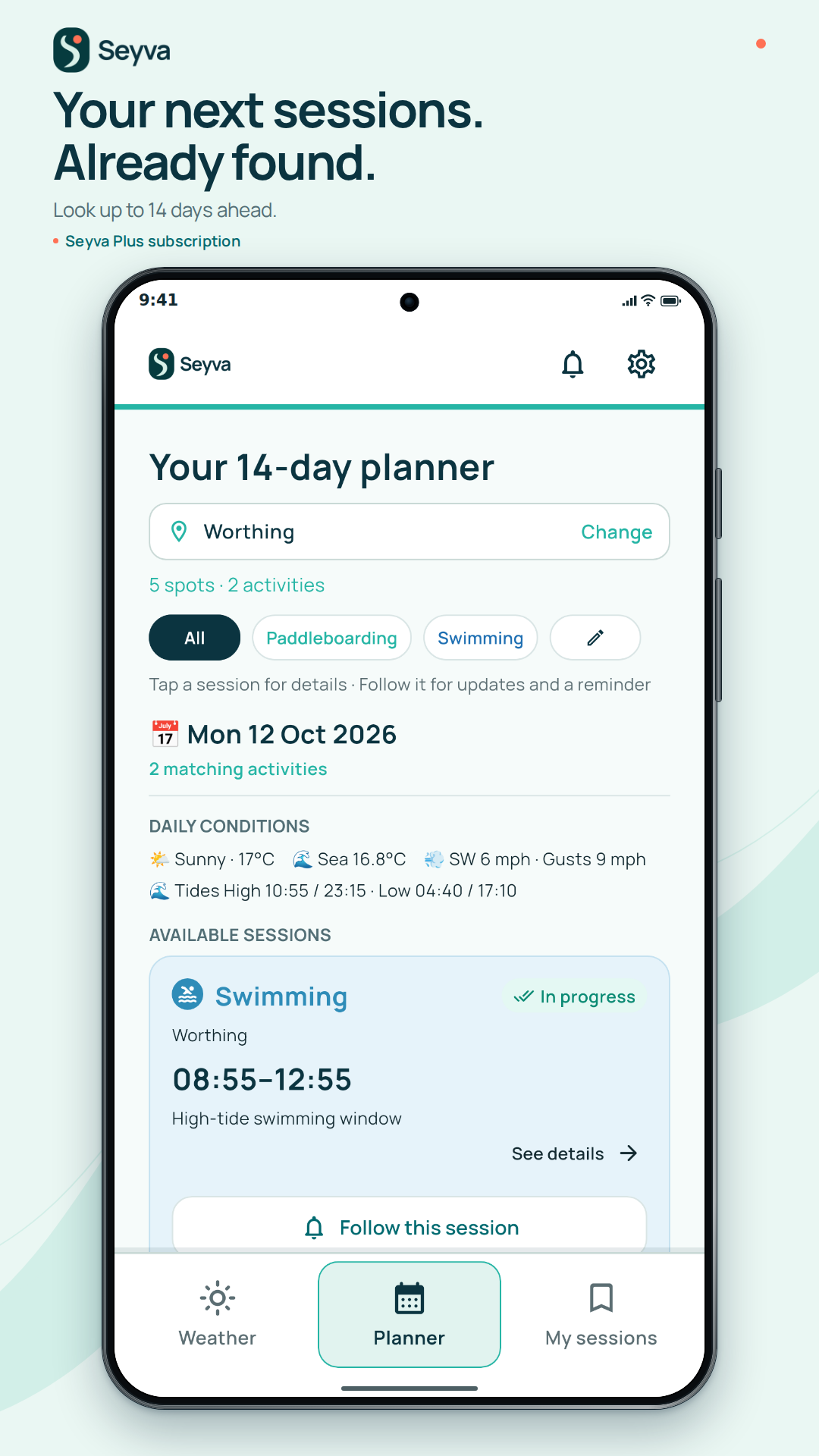 Seyva Android Planner screen, showing a swimming window with See details and Follow this session actions.