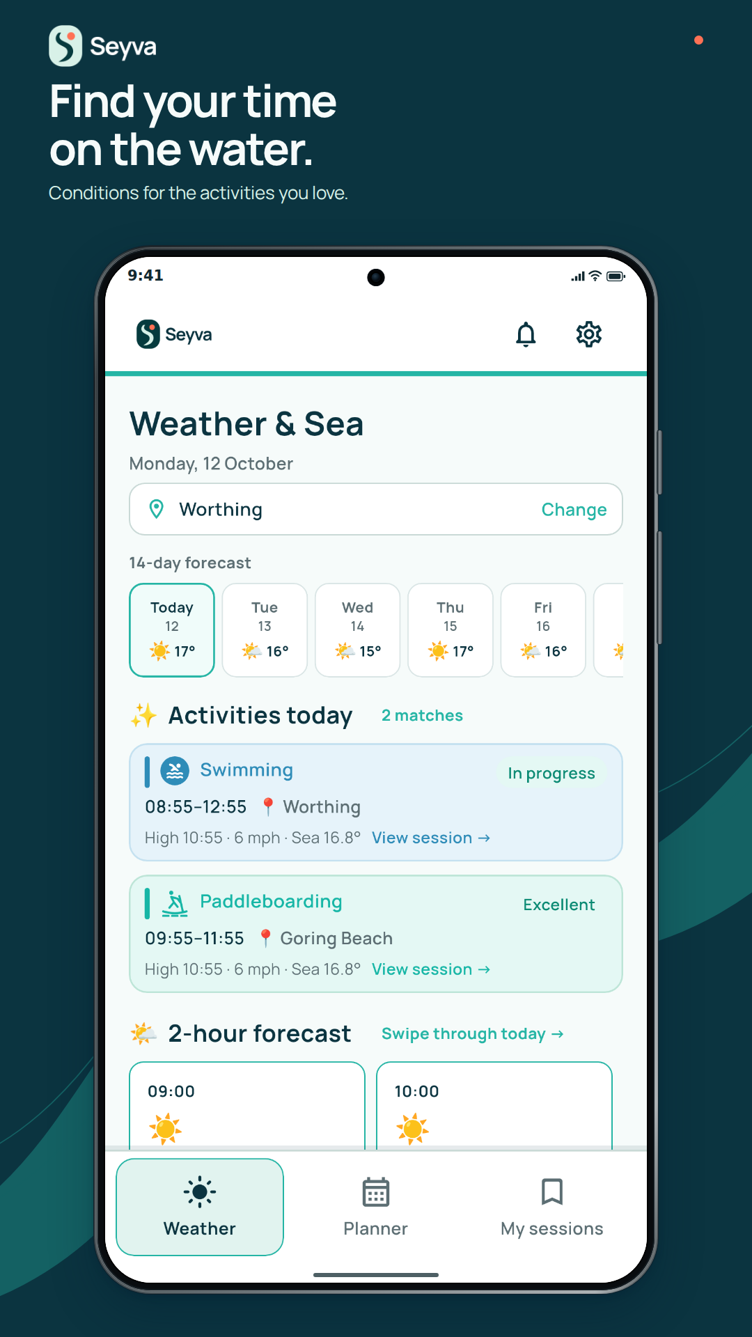 Seyva Android Weather and Sea screen, showing activity windows, sea temperature, wind and an hourly forecast.